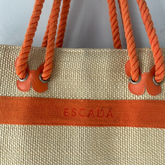 Escada Straw Woven Beige Orange Rope Strap Beach Large Tote Bag Purse - Picture 4 of 5